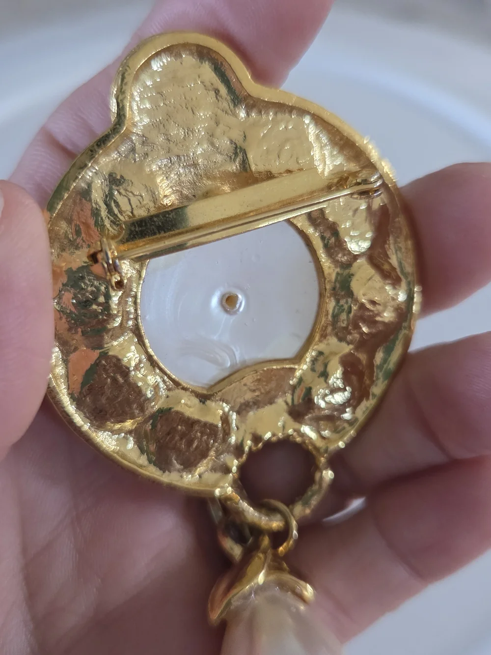 Vintage Gold-Tone Multicolor Hearts & Faux Pearl Drop Brooch